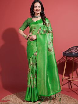 Akhilam - Women's Silk Blend Green Woven Design Designer Saree with Unstitched Blouse