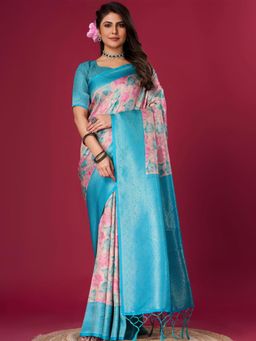 Akhilam - Women's Silk Blend Blue Woven Design Designer Saree with Unstitched Blouse