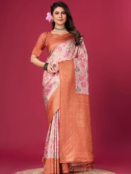 Akhilam - Women's Silk Blend Rust Woven Design Designer Saree with Unstitched Blouse