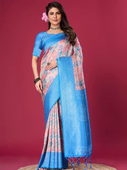 Akhilam - Women's Silk Blend Blue Woven Design Designer Saree with Unstitched Blouse