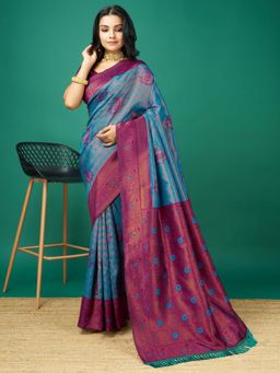 Akhilam - Women's Soft Silk Blue Woven Design Designer Saree with Unstitched Blouse
