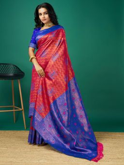 Akhilam - Women's Soft Silk Red Woven Design Designer Saree with Unstitched Blouse
