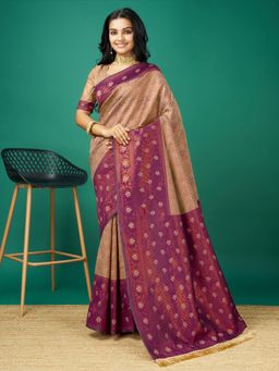 Akhilam - Women's Soft Silk Cream Woven Design Designer Saree with Unstitched Blouse