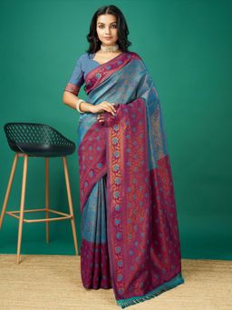 Akhilam - Women's Soft Silk Blue Woven Design Designer Saree with Unstitched Blouse