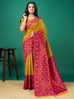 Akhilam - Women's Soft Silk Mustard Woven Design Designer Saree with Unstitched Blouse