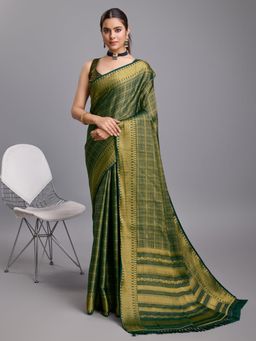 Akhilam - Women's Silk Blend Green Woven Design Designer Saree with Unstitched Blouse