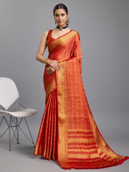 Akhilam - Women's Silk Blend Red Woven Design Designer Saree with Unstitched Blouse