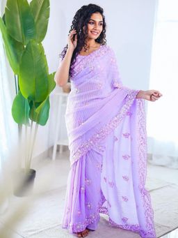 Akhilam - Women's Georgette Lavender Embellished Designer Saree with Unstitched Blouse