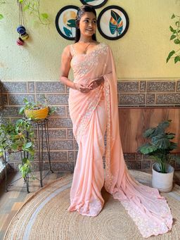 Akhilam - Women's Georgette Peach Embellished Designer Saree with Unstitched Blouse