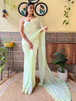 Akhilam - Women's Georgette Light Green Embellished Designer Saree with Unstitched Blouse