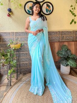 Akhilam - Women's Georgette Blue Embellished Designer Saree with Unstitched Blouse