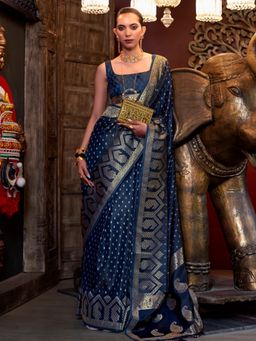 Akhilam - Women's Satin Silk Navy Blue Woven Design Designer Saree with Unstitched Blouse