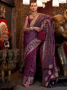 Akhilam - Women's Satin Silk Magenta Woven Design Designer Saree with Unstitched Blouse