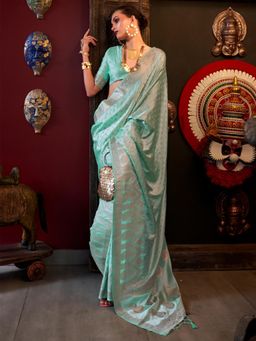 Akhilam - Women's Satin Silk Sea Green Woven Design Designer Saree with Unstitched Blouse