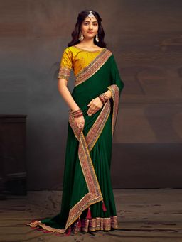 Akhilam - Women's Vichitra Silk Green Embroidered Designer Saree with Unstitched Blouse
