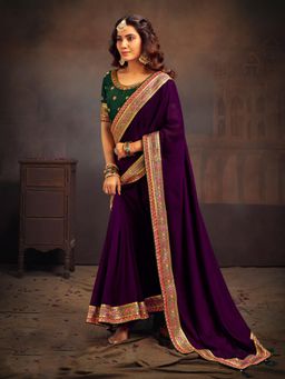 Akhilam - Women's Vichitra Silk Purple Embroidered Designer Saree with Unstitched Blouse