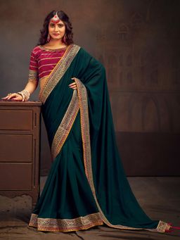 Akhilam - Women's Vichitra Silk Embroided Teal Designer Saree with Unstitched Blouse