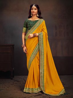 Akhilam - Women's Vichitra Silk Yellow Embroidered Designer Saree with Unstitched Blouse