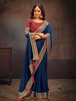 Akhilam - Women's Vichitra Silk Embroided Teal Designer Saree with Unstitched Blouse