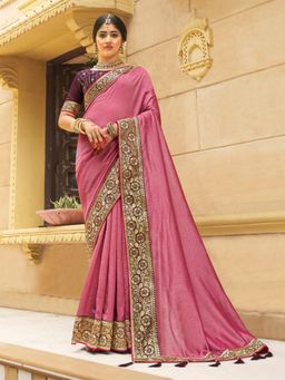 Akhilam - Women's Vichitra Silk Pink Woven Design Designer Saree with Unstitched Blouse