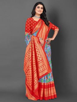 Akhilam - Women's Dola Silk Red Printed Designer Saree with Unstitched Blouse