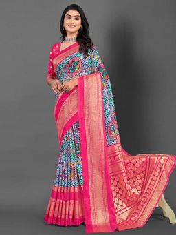 Akhilam - Women's Dola Silk Red Printed Designer Saree with Unstitched Blouse