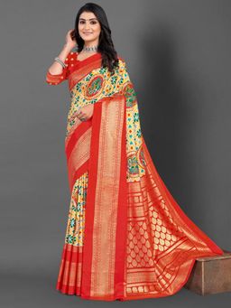 Akhilam - Women's Dola Silk Yellow Printed Designer Saree with Unstitched Blouse