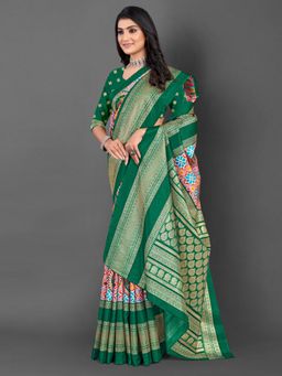 Akhilam - Women's Dola Silk Green Printed Designer Saree with Unstitched Blouse