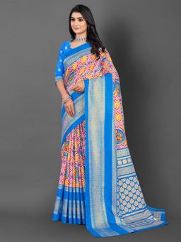 Akhilam - Women's Dola Silk Blue Printed Designer Saree with Unstitched Blouse