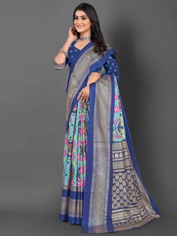 Akhilam - Women's Dola Silk Navy Blue Printed Designer Saree with Unstitched Blouse