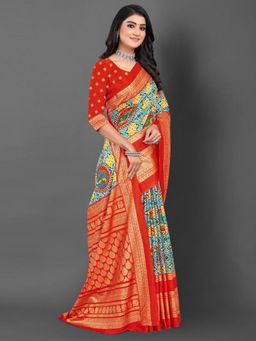 Akhilam - Women's Dola Silk Red Printed Designer Saree with Unstitched Blouse