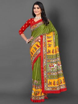 Akhilam - Women's Dola Silk Olive Printed Designer Saree with Unstitched Blouse