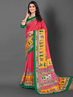 Akhilam - Women's Dola Silk Pink Printed Designer Saree with Unstitched Blouse