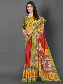 Akhilam - Women's Dola Silk Olive Printed Designer Saree with Unstitched Blouse