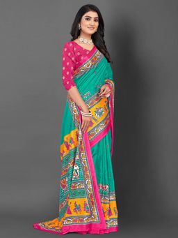 Akhilam - Women's Dola Silk Blue Printed Designer Saree with Unstitched Blouse