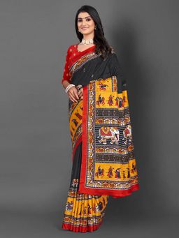 Akhilam - Women's Dola Silk Black Printed Designer Saree with Unstitched Blouse