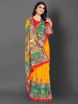 Akhilam - Women's Dola Silk Yellow Printed Designer Saree with Unstitched Blouse