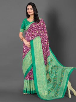 Akhilam - Women's Dola Silk Magenta Printed Designer Saree with Unstitched Blouse