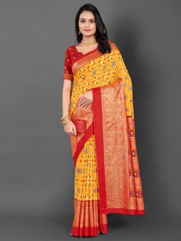 Akhilam - Women's Dola Silk Yellow Printed Designer Saree with Unstitched Blouse