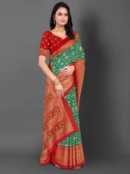 Akhilam - Women's Dola Silk Green Printed Designer Saree with Unstitched Blouse
