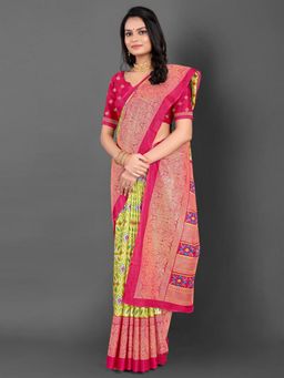 Akhilam - Women's Dola Silk Green Printed Designer Saree with Unstitched Blouse