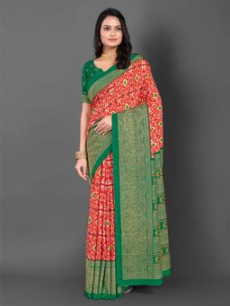 Akhilam - Women's Dola Silk Red Printed Designer Saree with Unstitched Blouse