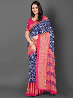 Akhilam - Women's Dola Silk Navy Blue Printed Designer Saree with Unstitched Blouse