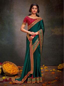 Akhilam - Women's Satin Silk Teal Embroidered Designer Saree with Unstitched Blouse