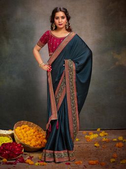 Akhilam - Women's Satin Silk Teal Embroidered Designer Saree with Unstitched Blouse