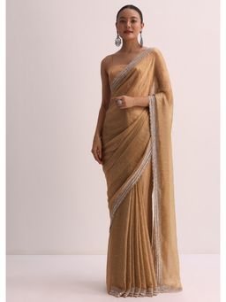 KALKI FASHION - Beige Gold with Cutdana Border Saree with Unstitched Blouse