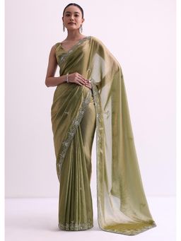 KALKI FASHION - Green Satin Tissue with Sequin Scallop Work Fabric Saree with Unstitched Blouse