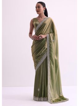 KALKI FASHION - Green Tissue Organza with Scallop Sequin Border Fabric Saree with Unstitched Blouse