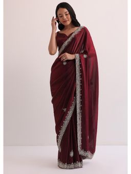 KALKI FASHION - Maroon Red Organza with Scalloped Border Saree with Unstitched Blouse