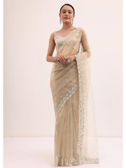 KALKI FASHION - Beige Organza In Sequins Saree with Unstitched Blouse